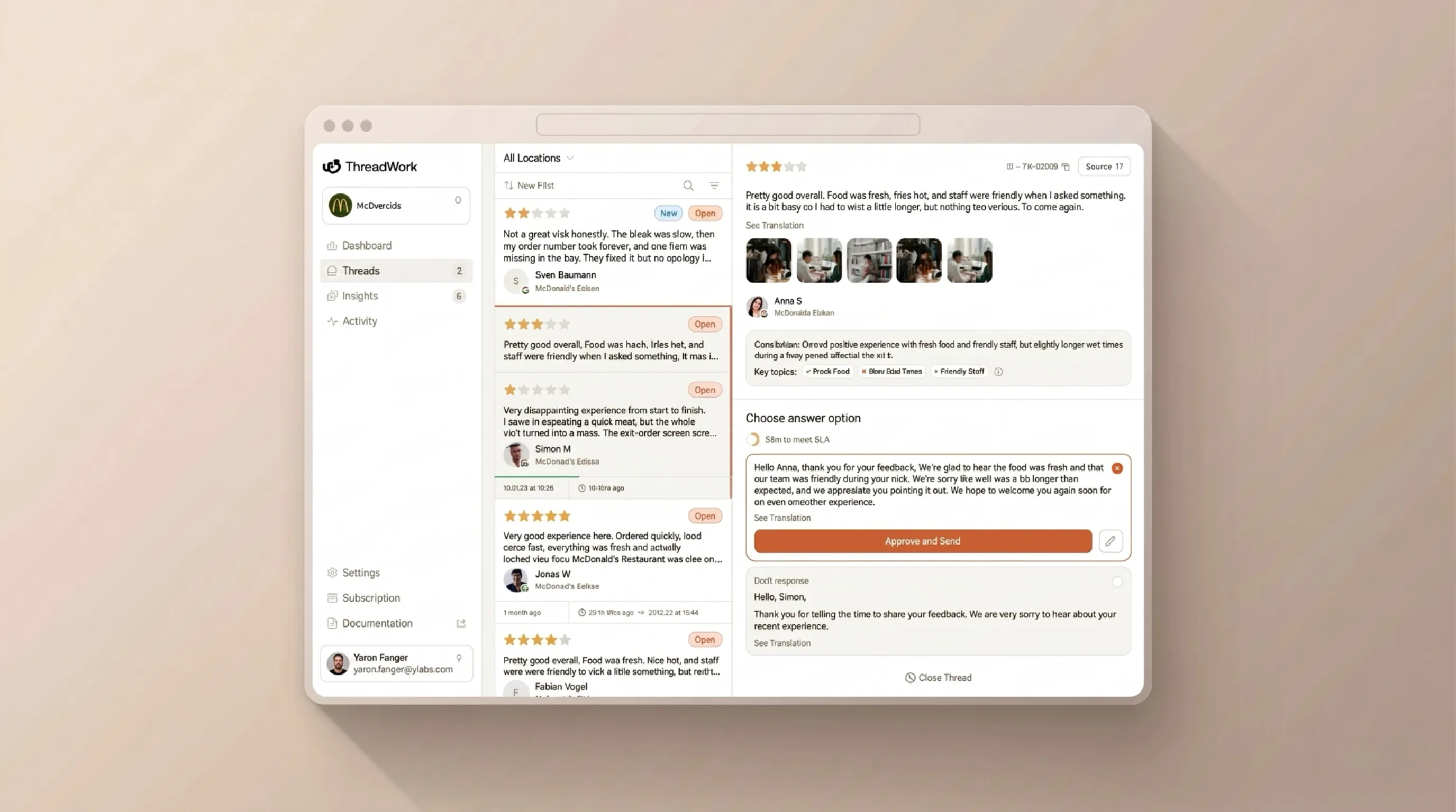 ThreadWork unified review inbox showing reviews from multiple locations with an AI-drafted reply ready to approve and send.